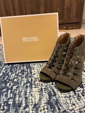 MICHAEL Michael Kors Olive Suede Lace-Up Peep Toe Booties